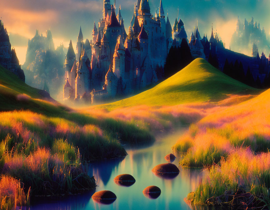 Majestic castle in fantastical landscape with river and stepping stones