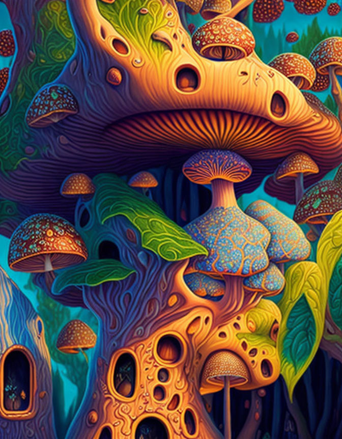 Colorful, intricate mushroom village illustration with whimsical details