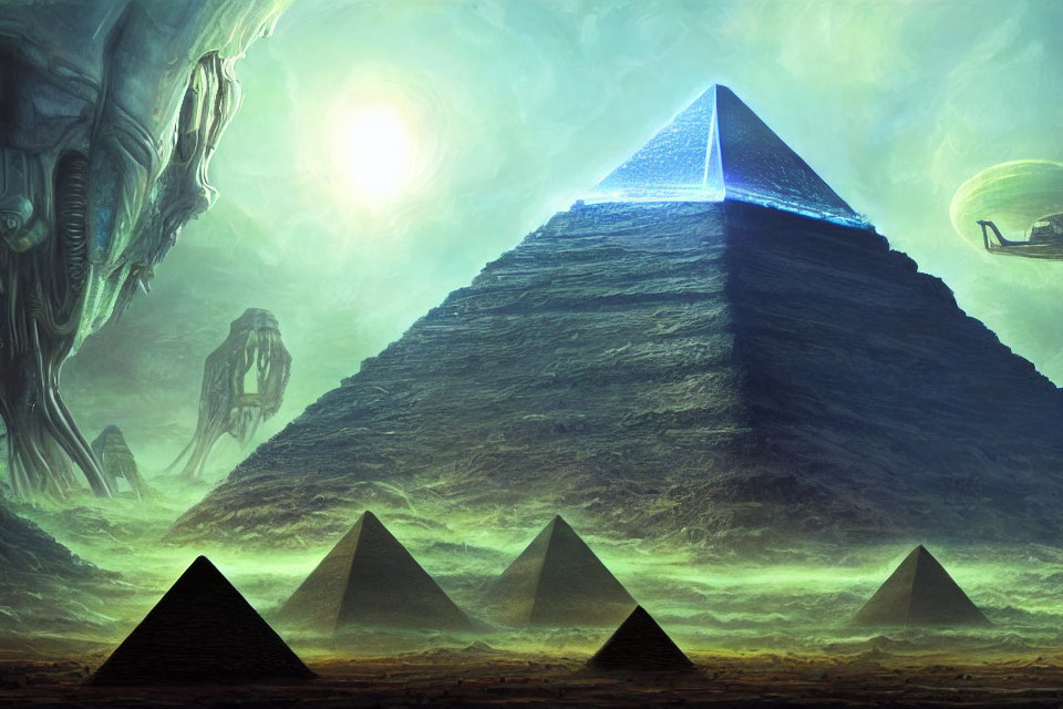 Sci-fi scene: Large pyramids, luminous apex, alien structures, greenish sky, distant