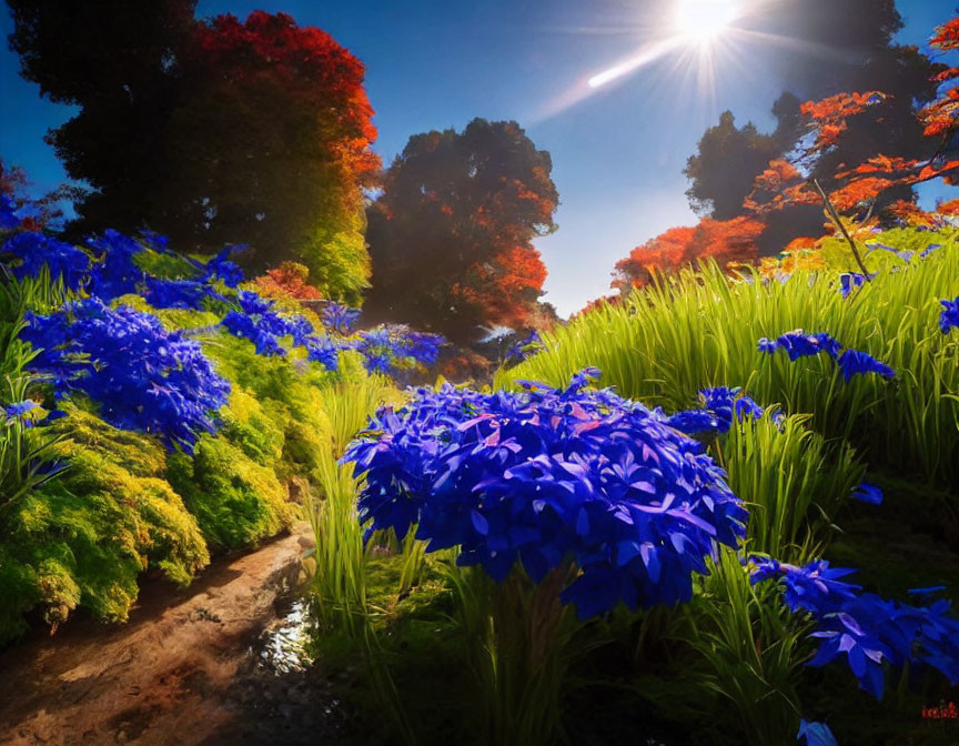 Colorful garden with blue flowers, sunlit path, green foliage, and red accents under clear sky