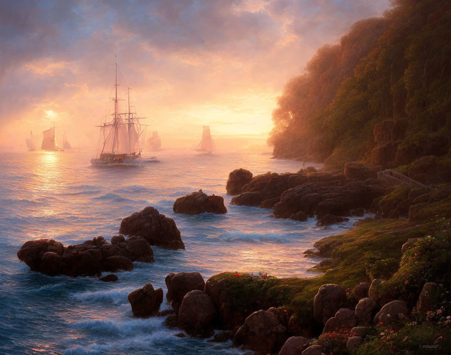 Sailing ships near rocky coastline under golden sunset