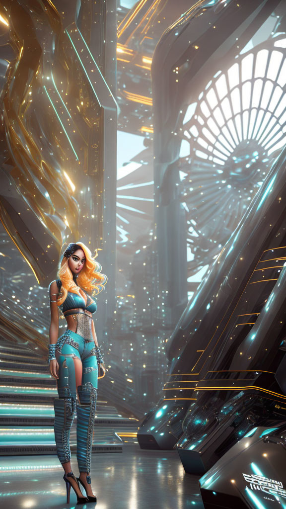 Futuristic woman in cyberpunk attire in high-tech corridor