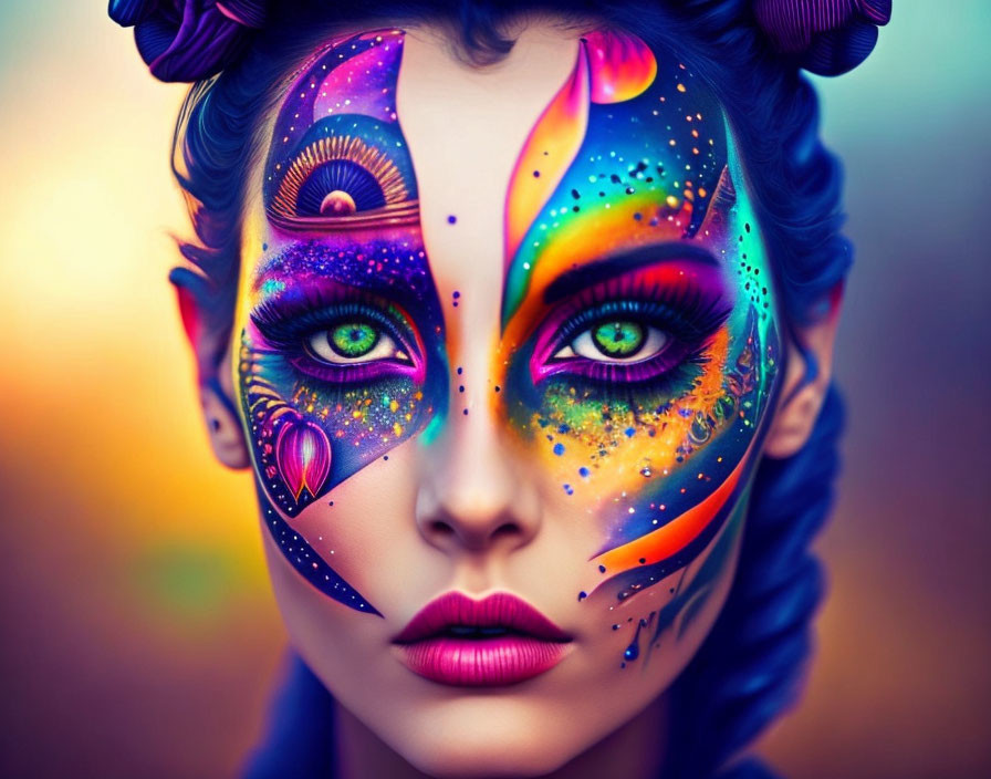 Vibrant cosmic-inspired face paint with stars, planets, and vivid colors