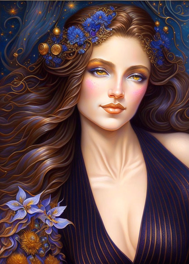 Illustration of woman with wavy brown hair and blue flowers on starry backdrop