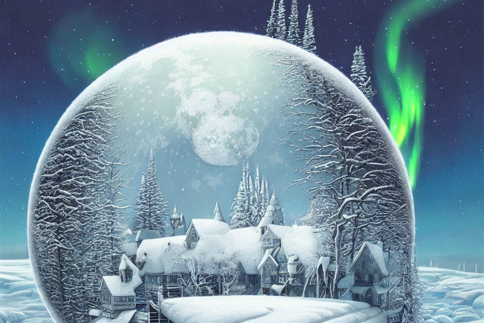 Snowy village under large moon with aurora borealis in night sky