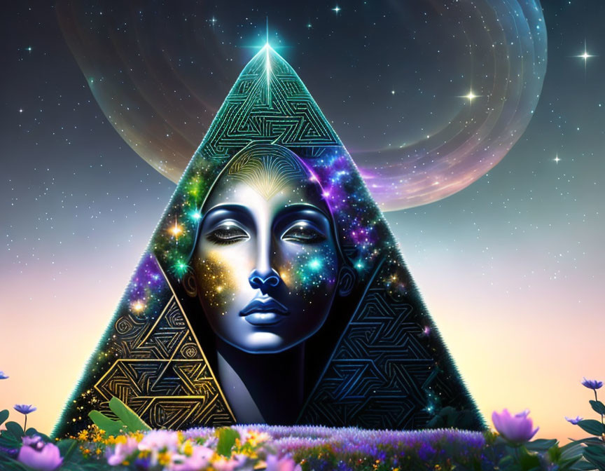 Illustration of cosmic face in ornate pyramid under starry sky