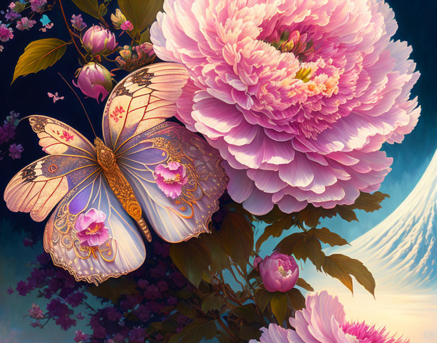 Colorful butterfly and peonies on dark blue sky with crescent moon