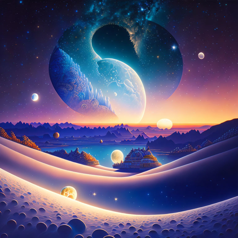 Surreal landscape with crescent moon, snowy mountains, and starry sky