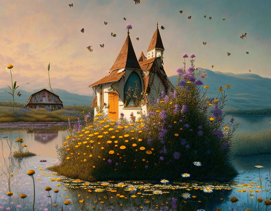 Pointed-roof fairy-tale cottage in serene meadow with pond and butterflies