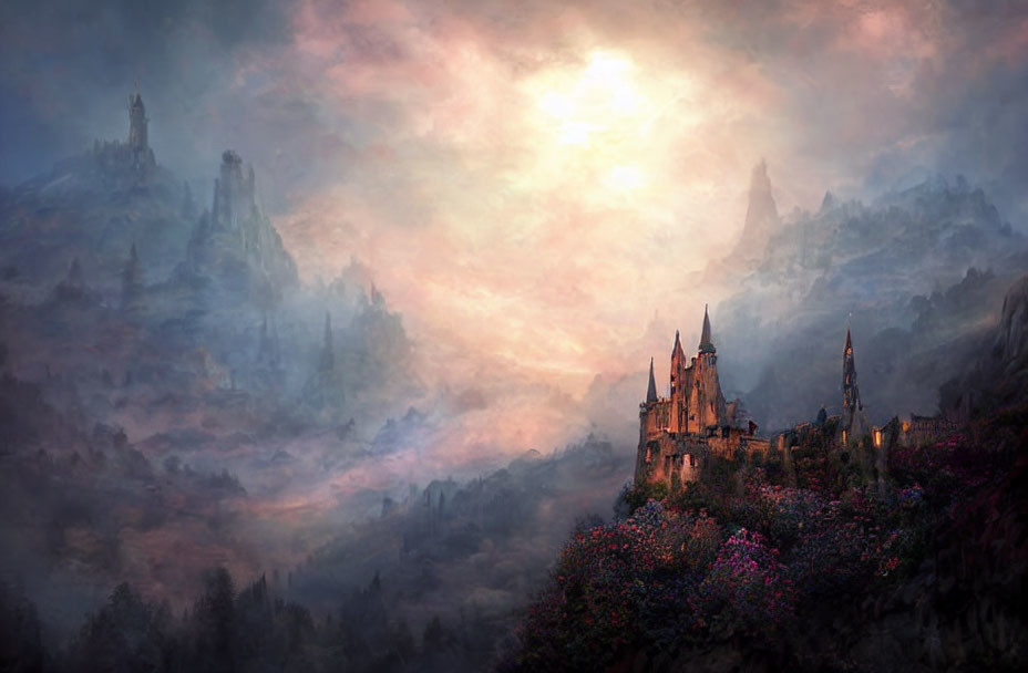 Ethereal castles on rugged peaks in misty landscape