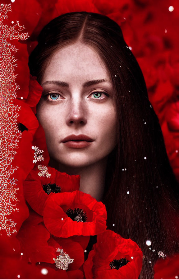 Woman with Striking Green Eyes Surrounded by Red Poppies and White Snowflakes