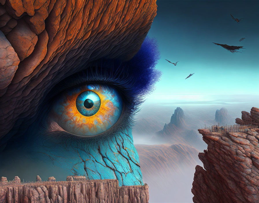 Surreal landscape featuring giant eye in rocky cliff overlooking misty canyon