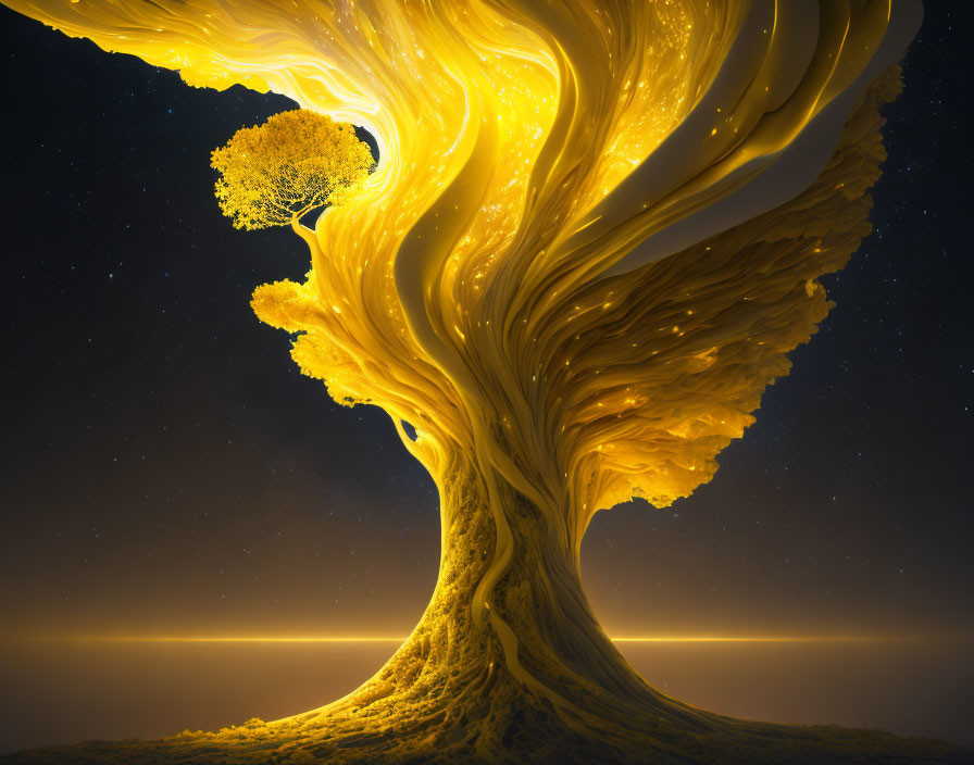 Glowing golden tree with yellow canopy on starry night sky