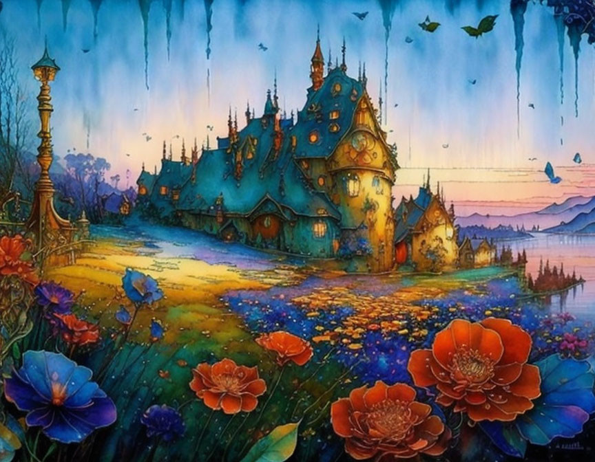 Fantasy landscape with whimsical castle, colorful flora, and sunset glow