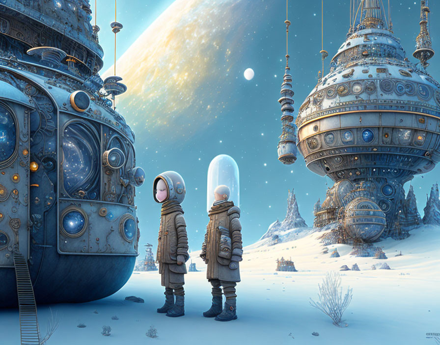 Astronauts in snowy alien landscape with futuristic structures