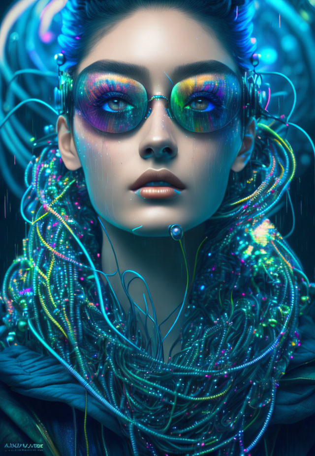 Iridescent Makeup Woman with Sunglasses in Cyberpunk Setting