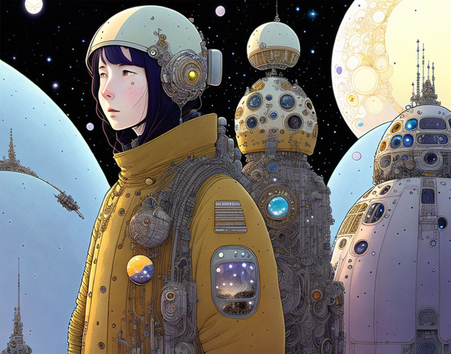 Woman in yellow spacesuit with intricate helmet in front of fantastical space towers under starry sky