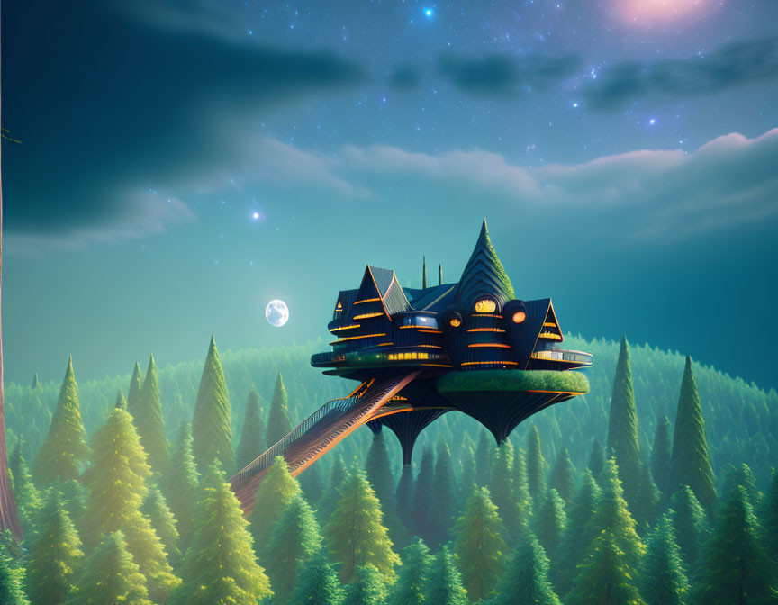 Futuristic spaceship-like building in pine forest under starry sky