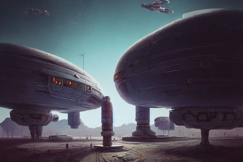 Futuristic spaceships docked on barren landscape with flying smaller ships under starry sky