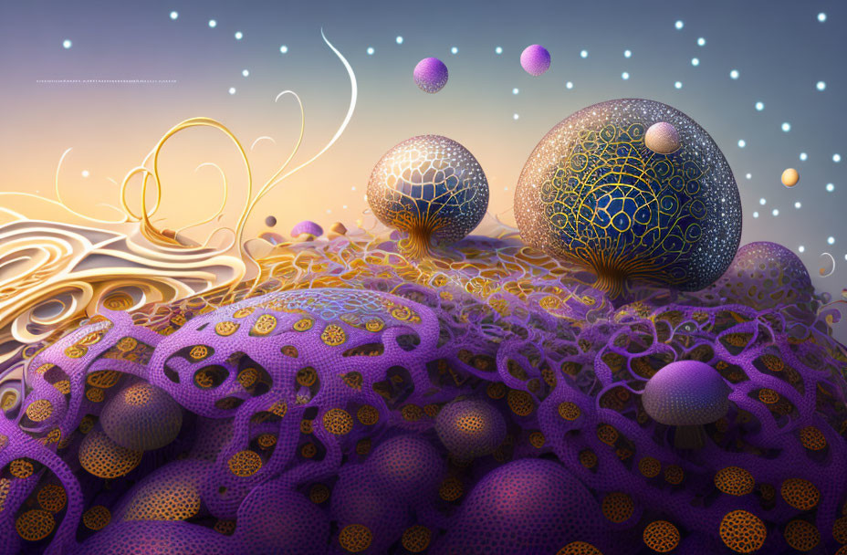 Whimsical digital artwork: Spherical objects with intricate patterns above textured landscape