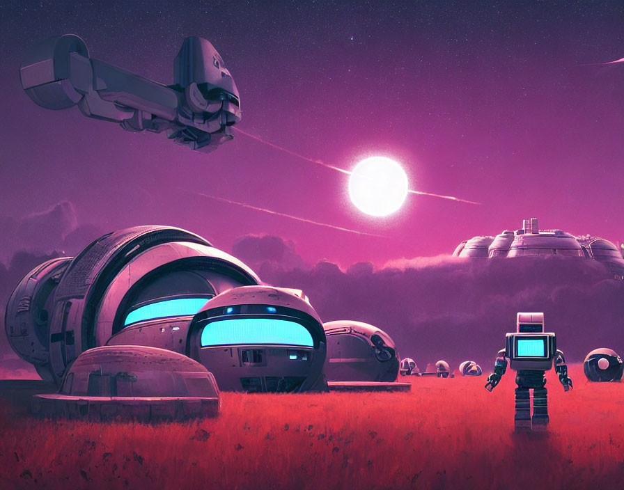 Futuristic robot observing sunset with space habitats and spaceship in purple alien landscape