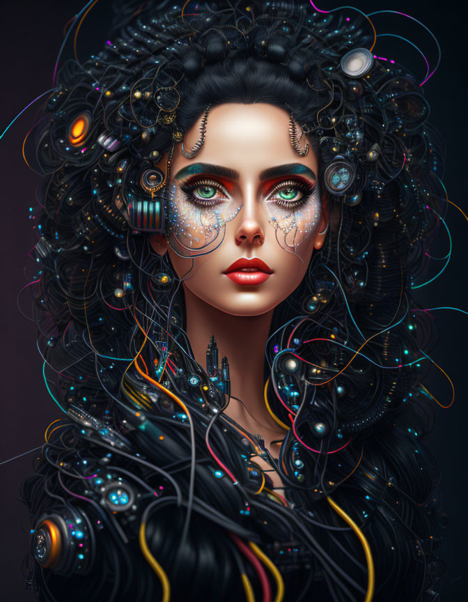 Futuristic digital artwork of a woman with cybernetic enhancements