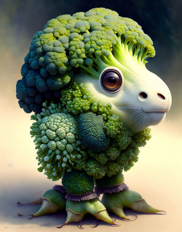 Unique animal sculpture made of green broccoli florets with expressive eyes