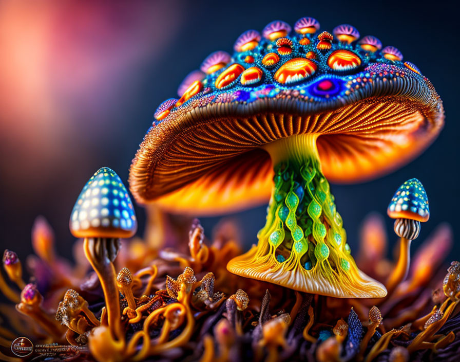 Colorful digital art featuring fantastical mushrooms in intricate patterns and neon-like colors on a mystical blurred background