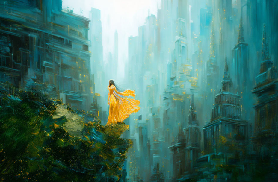 Woman in yellow dress gazes at misty city from lush ledge