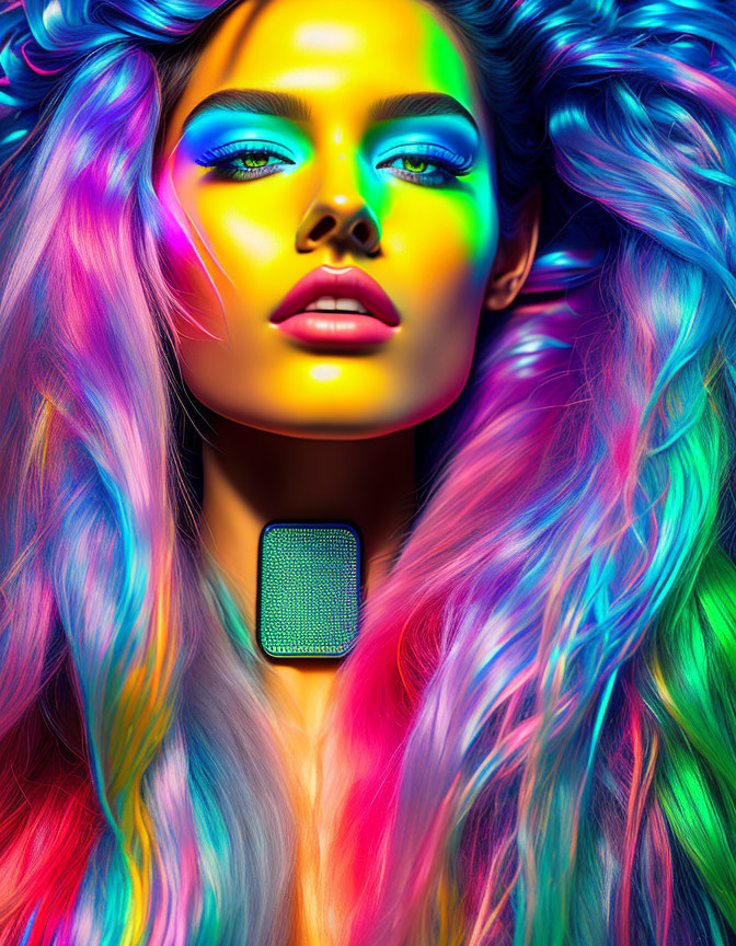 Colorful portrait of a woman with multicolored hair and neon makeup on vibrant backdrop