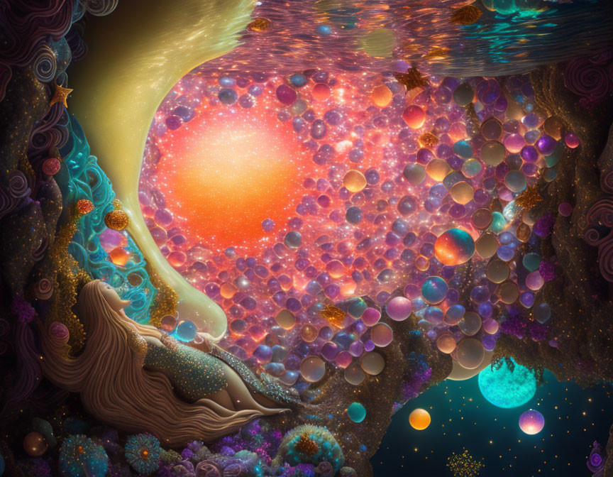 Woman's silhouette in surreal cosmic landscape with bubbles, stars, and flowers.