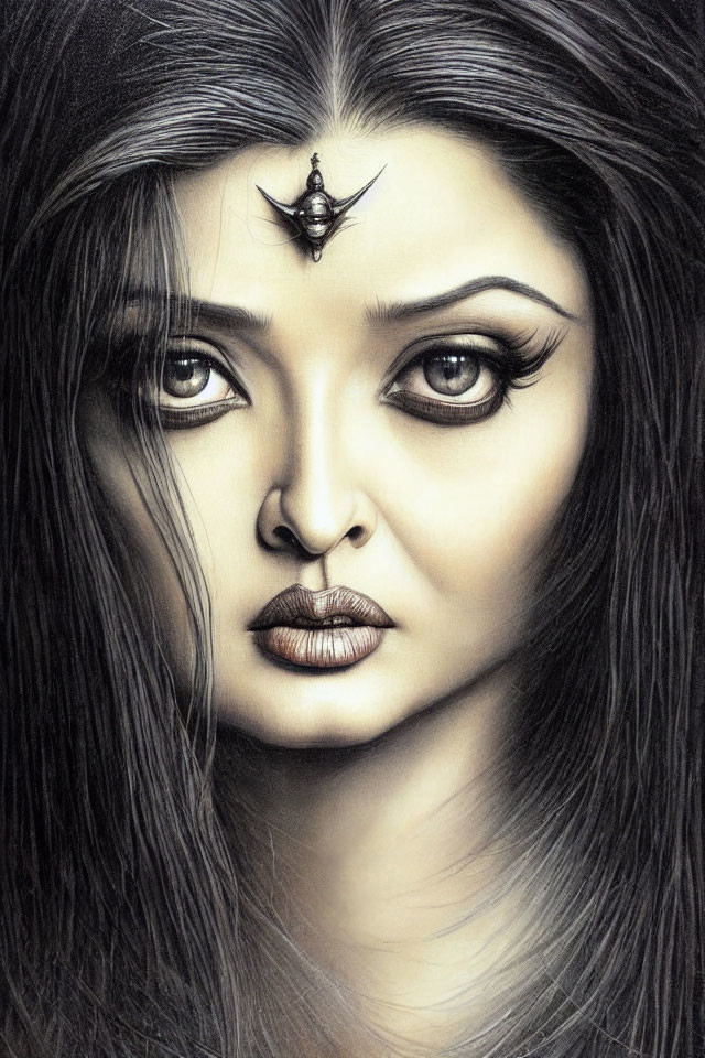 Detailed pencil sketch of woman with intense eyes, bindi, full lips, and flowing hair