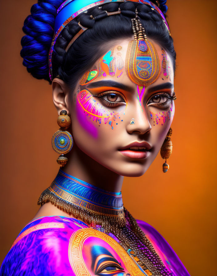 Vibrant makeup and traditional accessories on woman against orange backdrop