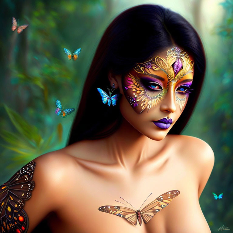 Digital artwork: Woman with butterfly makeup and butterfly in mystical forest.