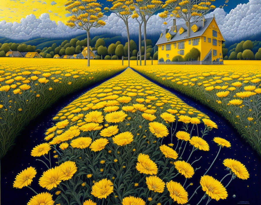 Yellow House Surrounded by Dandelions and Trees under Cloudy Sky