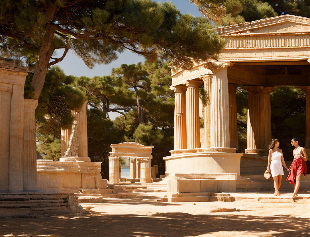 Couple walking among ancient ruins and pine trees under clear sky