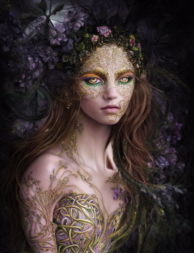 Golden figure with vine-like patterns, green eyes, floral crown in dark floral setting