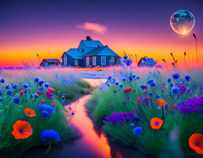 Colorful surreal landscape with blue house, sunset sky, stream, flowers, and moon