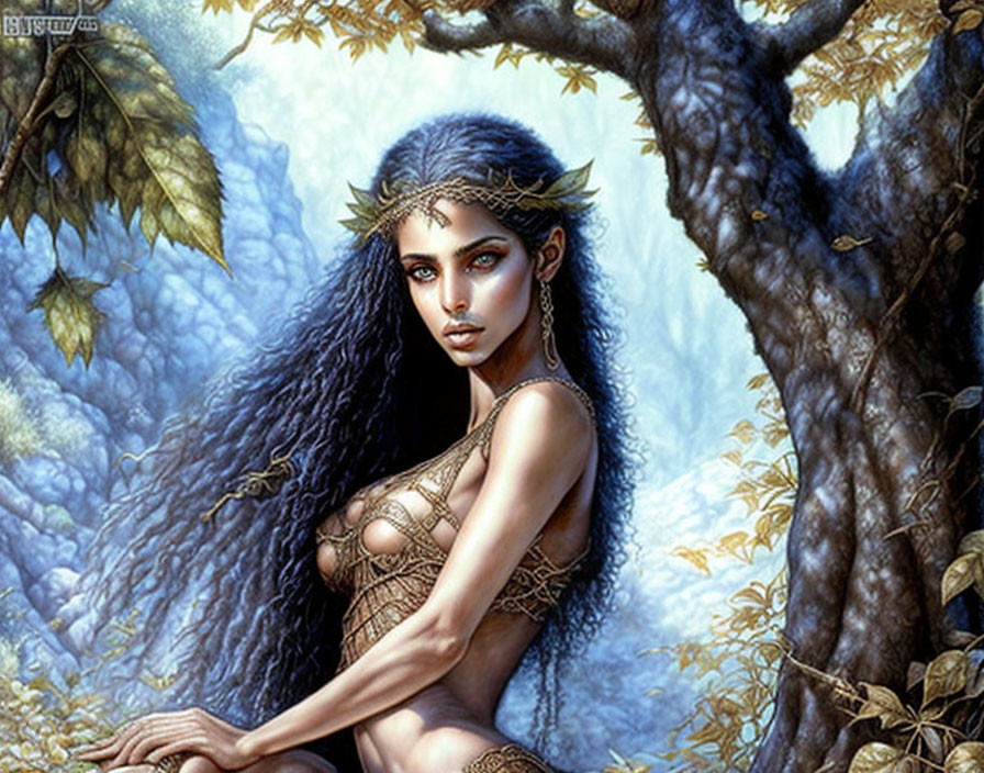 Fantasy female character with blue skin in mystical forest setting