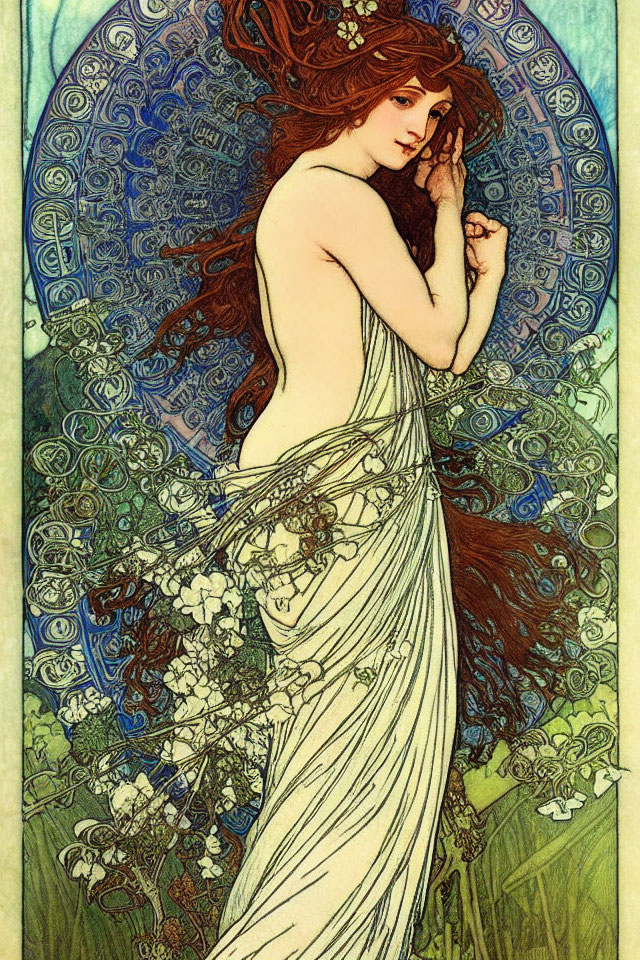 Art Nouveau Style Illustration of Woman with Red Hair and Floral Patterns