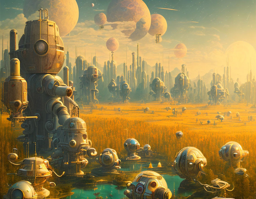 Futuristic landscape with robots, golden fields, spires, and celestial sky.