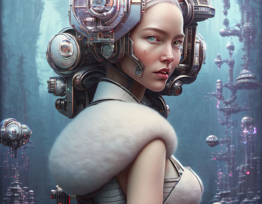 Futuristic woman with advanced headgear and fur stole in high-tech cityscape