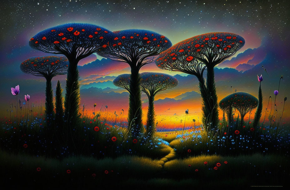 Fantastical dusk landscape with oversized mushroom-shaped trees and vibrant flowers