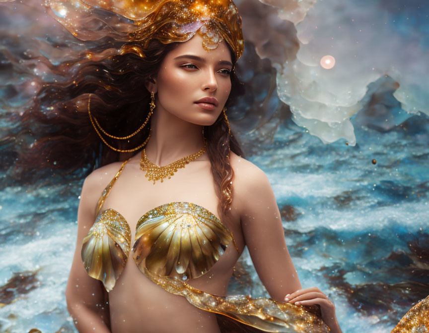 Golden-haired mermaid in shell attire in cosmic ocean setting