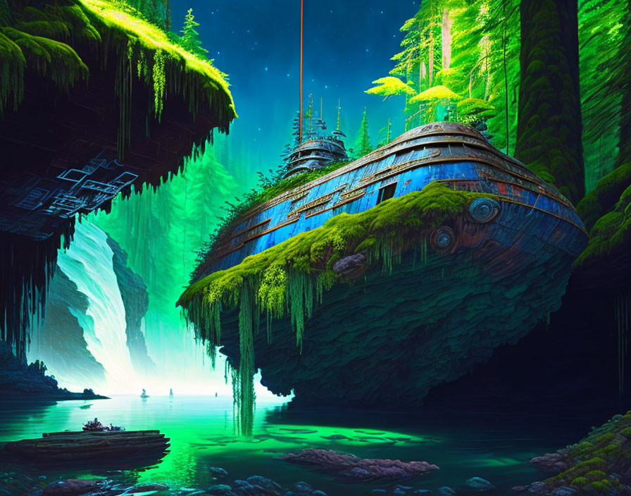 Spaceship covered in vegetation in luminous cave with greenery and boat below