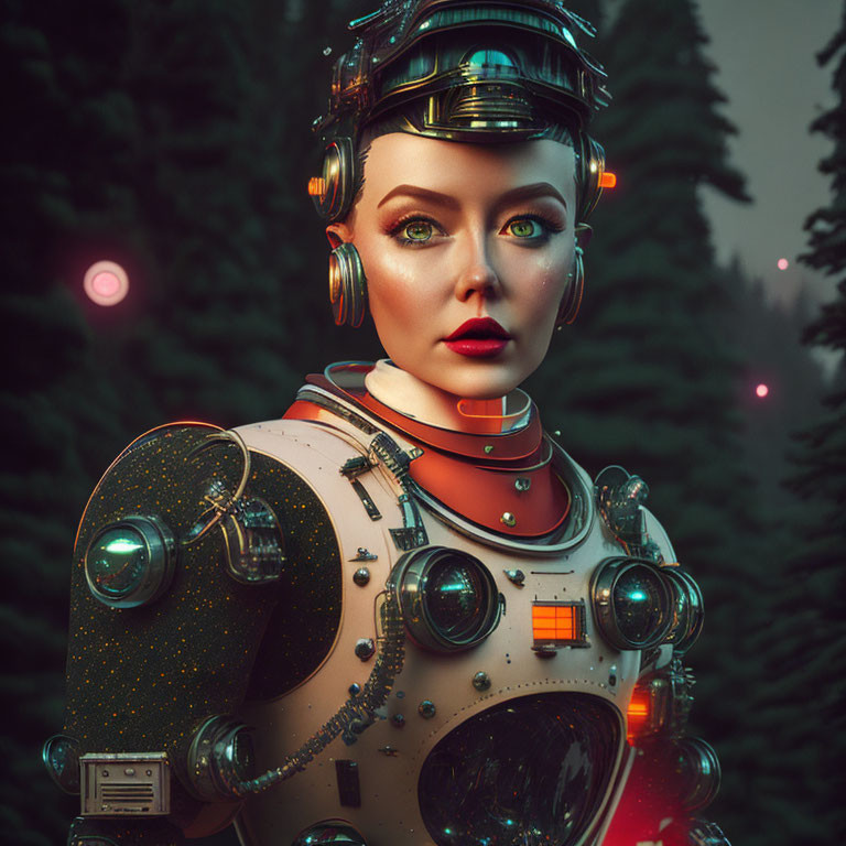 Female humanoid robot in intricate design against forest with glowing orbs