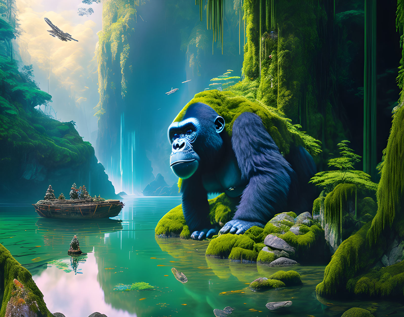 Majestic gorilla with glowing blue eyes in lush riverbank landscape