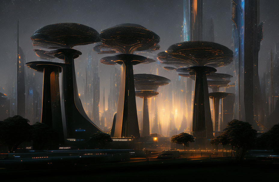 Futuristic cityscape with towering mushroom-like structures at twilight