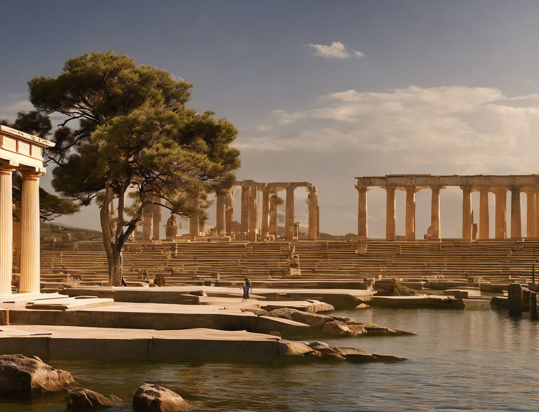 Ancient ruins landscape with solitary figure, towering columns, tree, water, warm sky