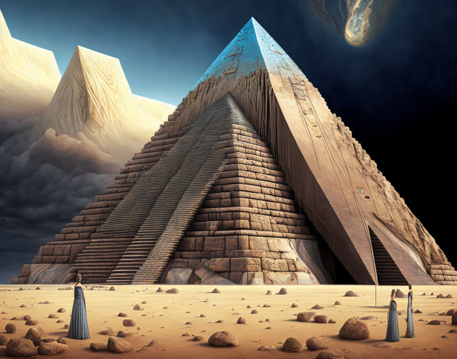 Futuristic pyramid in desert with figures, starry sky, and looming planet